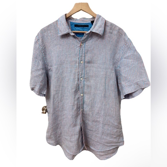 Perry Ellis Other - Perry Ellis Button Up Shirt‎ XL Blue Orange Striped 100% Linen Short Sleeve Camp